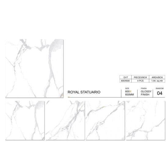 Royal Statuario Glossy Πλακάκι Δαπέδου Rettificato Πορσελανάτο 60x60 cm Λευκό